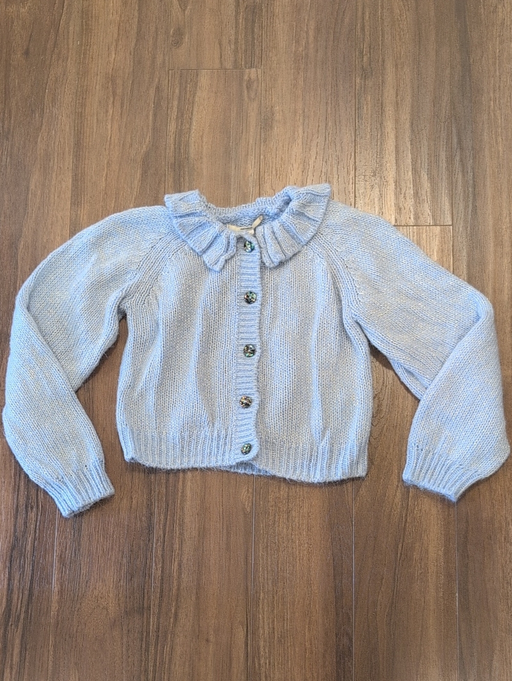 Kimchi Blue Mirabell Light Blue Sparkly Knit Cardigan with Ruffle Collar Cropped - Picture 5 of 13